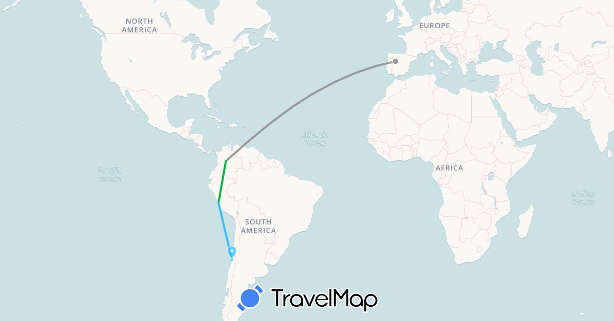 TravelMap itinerary: driving, bus, plane, boat in Chile, Colombia, Spain, Peru (Europe, South America)